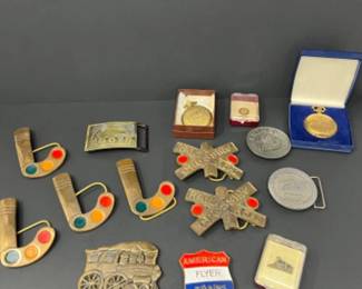 	Vintage Lionel, American Flyer, & Train Belt Buckles, Pins, & Pocket Watches