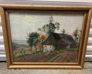 Vintage Original Barn Landscape Painting in Gold Painted Frame