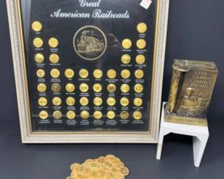 	1970's Great American Railroads Gold Plated Tokens + Vintage Bank +