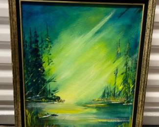 Vintage Northern Lights - Aurora Borealis Forrest Original Painting