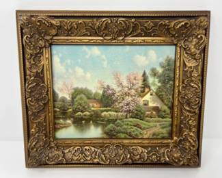 Mid Century Intercraft Industries Gold Faux Wood Frame & Landscape Print