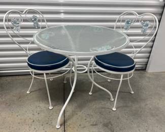 Unique Mid Century Wrought Iron Bistro Set - Rare Colored Floral Detail