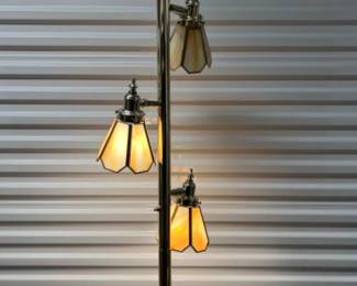 Vintage 1970s Tension Pole Floor Lamp w/ Slag Glass Lights