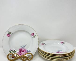 (7) Vintage Czech Bohemian Rose & Gilt China Rimmed Soup Bowls