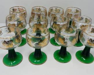 	(12)Vintage Roemer Style Green Beehive Stem Gold Motif Regency Wine Glasses