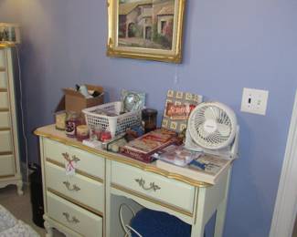 french provincial desk, vanity, seat, paintings, candles, fans