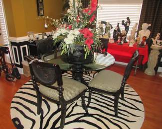 dining room suite with glass top, floral, rug