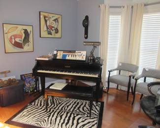 Kimball baby grand, rug, chairs, artwork, Pokemon