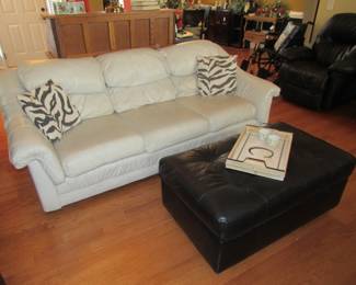 white leather sofa, storage ottoman, serving tray