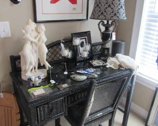 wicker desk/vanity with glass top and chair, statues, lamps, misc.