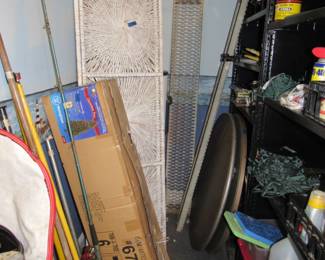 folding tables, lawns stuff, christmas tree, steel ramps