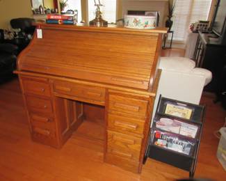 antique oak roll top desk, magazine rack
