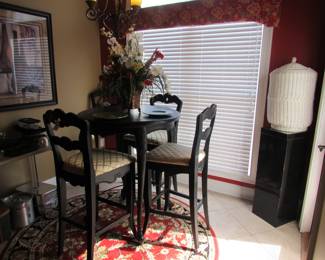 wicker, rug, high top table, cookware