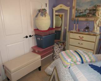 storage bench, tubs, mirror, gift bags, wicker