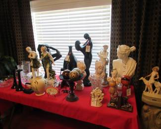 statues, busts, Japanese wood dolls, misc.