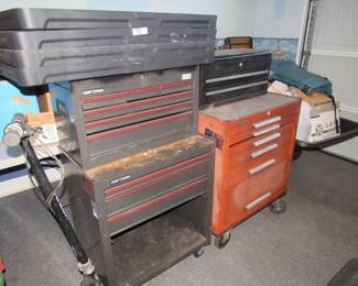 rolling tool boxes, garden cart, scooter, black plastic shelf, one of several