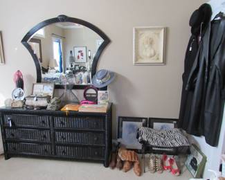 wicker dresser, mirror, ladies hats, clothing, vanity seat, cameos, leather coats