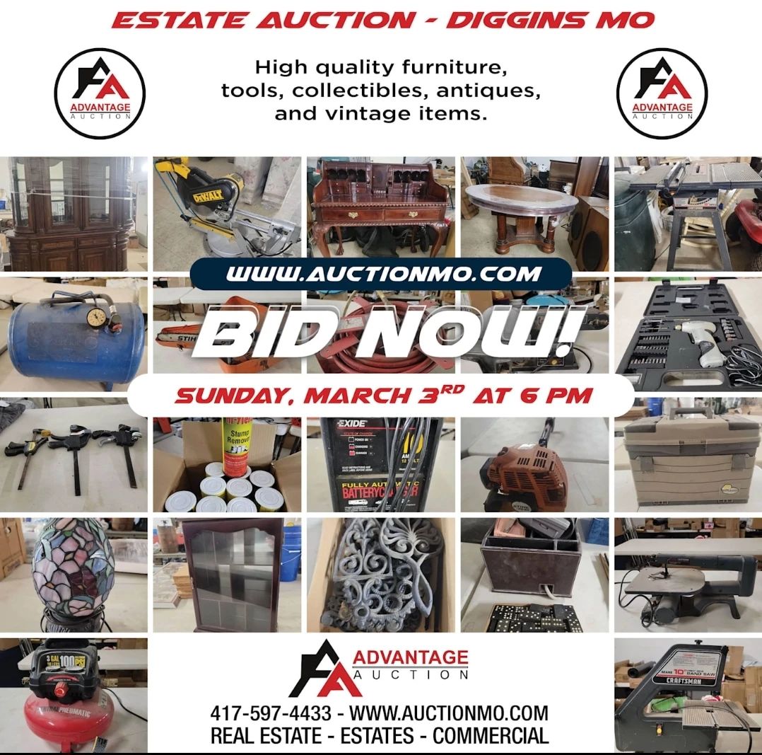 Estate Auction Diggins MO in Seymour, MO starts on 2/26/2024