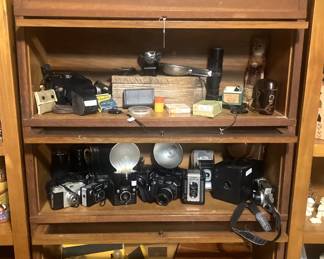 Lawyer's bookcase; vintage camera collection