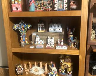 Bookcase; Mexican clay folk art figures