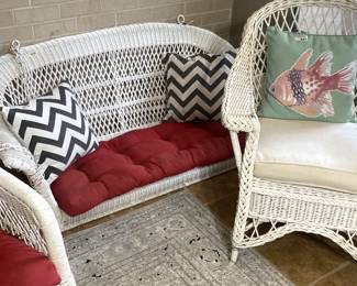 White wicker swing and chair