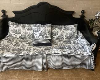 Black trundle bed (without mattress); black & white toile bedding