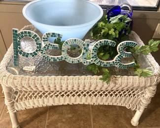 White wicker coffee table (as is); "Peace"