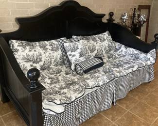 Black trundle bed (without mattress); black & white toile bedding