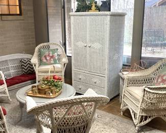White wicker coffee table, chairs, swing, wardrobe