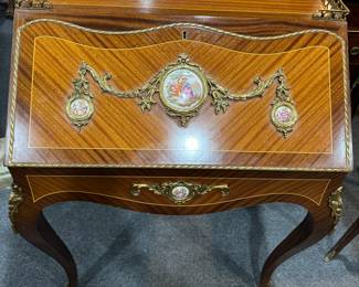 Ornate Fold Down Desk With Pendants & Metal Hardware