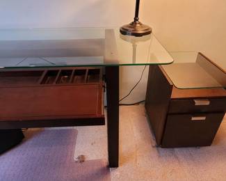 Modern Ballard contemporary glass top desk with two matching side file cabinets