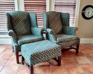 Hunter green wingback chairs with ottoman