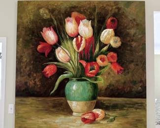 5' X 5' STILL LIFE OIL PAINTING ON CANVAS VASE OF TULIPS - LARGE