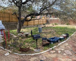 Pottery, yard maintenance items, tools, 