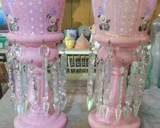 451 - Pair of Large Pink Glass Mantle Lustres
