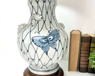 Vintage Blue White Butterfly Table Lamp with New Shade