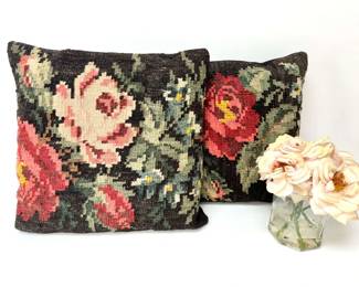 Pair of Turkish Floral Kilim Pillows