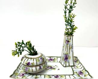Vintage Hand Painted Nippon Porcelain Tray Vases Vanity Set
