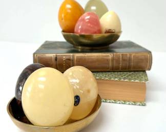 Vintage Alabaster Eggs Pair of Brass Dishes