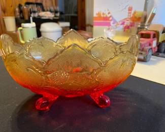 Oval Red & Yellow Jeanette Lombardi Carnival Glass Mid Century Footed Bowl