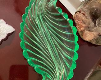 Green Uranium Depression Glass Shell Trinket Dish