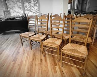 Inv no 102 set of 8 rush seat ladder back dining chairs 19.5x19x42.5  sest height 19