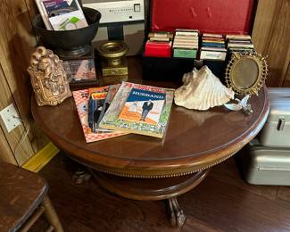 8 track tapes, round coffee table