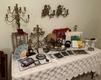 Singer sewing machine, brass candlesticks