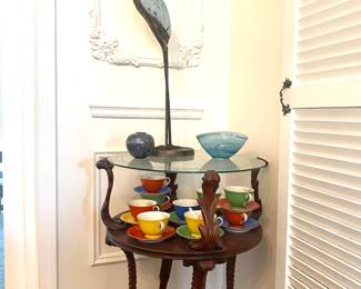Pair/incised glass-top end tables; pair/painted blue herons