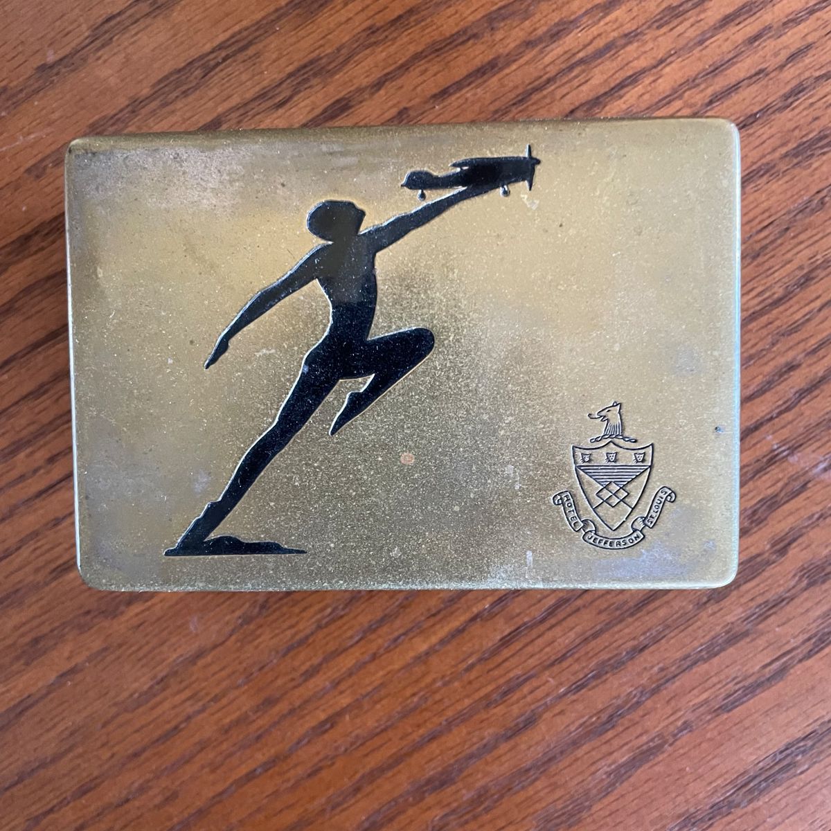 Trinket Box ... Engraved Metal Jewelry Box ... Vintage Tin Cigarette Box ... Hotel Jefferson, St. Louis, Niehaus Jewelers ... Early 1900s, 4 1/2"W x 3"D x 1 5/8"H, $65