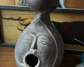 Folk art pottery open mouth,  8"H,,  $20