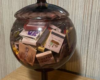 Retro lidded glass jar with vtg matchbooks, 14” x 8, $38