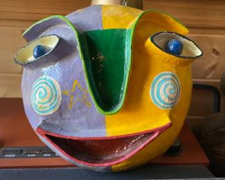 Gina Truex Smiling Star Yellow/Lilac  paper mache mask, signed, 10" x 10",  $25