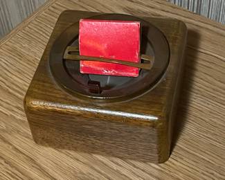 Wood  and brass vintage push button ash tray, 5”d,  $24